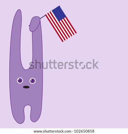 Cute violet bunny holding American Flag with his ear