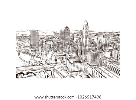 City skyline of Columbus City in Ohio, USA. Hand drawn sketch illustration in vector.