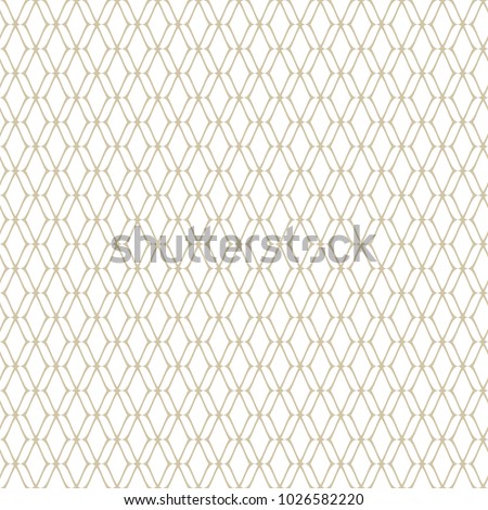 Vector golden mesh seamless pattern. Subtle abstract geometric ornament texture with thin curved lines, delicate mesh, net, grid, lattice, lace. Gold and white luxury background. Repeat design element