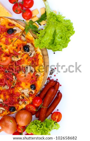 delicious pizza, vegetables and salami isolated on white