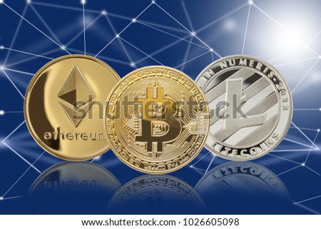  Studio shot of  ethereum, litecoins, Bitcoin, on Block Chain background,Digital virtual currency