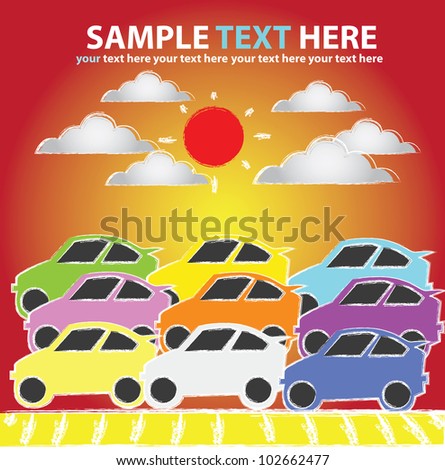 Many cars colorful and sun,Vector