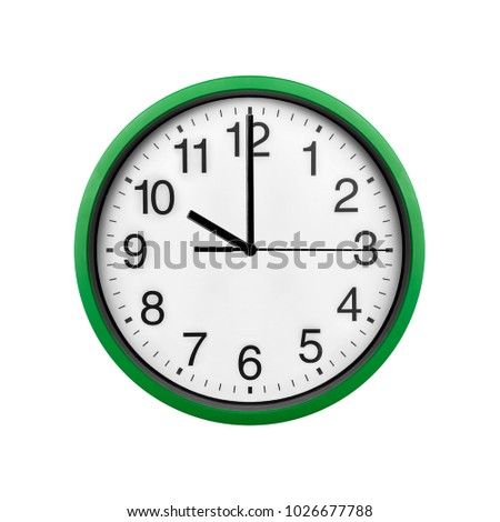 Green wall clock isolated on white background. Ten o'clock.