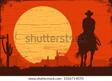 Silhouette of Cowboy riding horses at sunset, vector Royalty-Free Stock Photo #1026714070