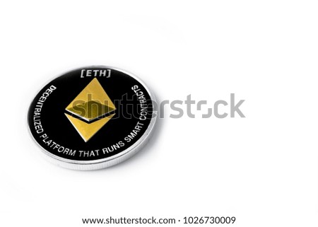 Single real coin from Cryptocurrency Ethereum Silver, isolated on white background. Modern currency.