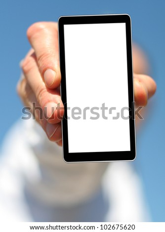 cellphone  tablet in hand for advertisement. 