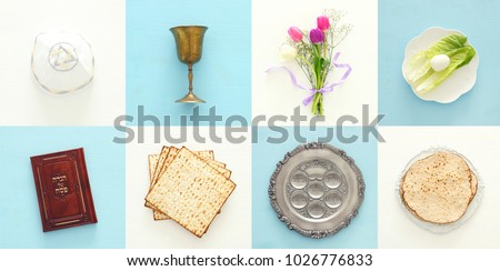 Pesah celebration concept (jewish Passover holiday). Traditional book with text in hebrew: Passover Haggadah (Passover Tale) Royalty-Free Stock Photo #1026776833