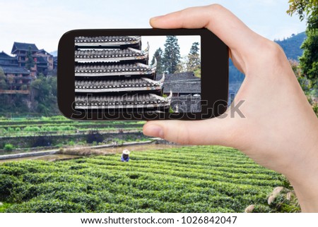 travel concept - tourist photographs tea plantation and pagoda in Chengyang village in Sanjiang Dong Autonomous County in China in spring on smartphone