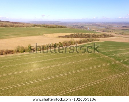 Aerial image of farmland over Houghton in West Sussex, England.