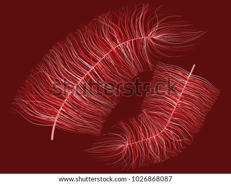 Fluff on Red Background. Beautiful Hand Drawn Feathers Isolated. Fluff for Wallpaper, Illustration, Carnival, Masquerade, Invitation, Paper, Textile. Decoration Element for Your Design.
