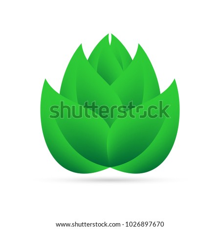 Eco icon from green leaves above myself on a white background with gray shadow on the bottom. Abstract design natural plant 