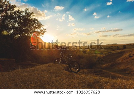 mountain bike in the background of a beautiful sunset, 
on the edge of the forest
