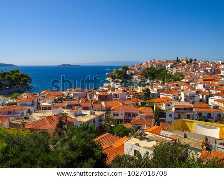 Panoramic view of the Skiathos City, Skiathos Island, Greece