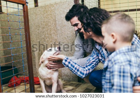 Happy family at animal shelter choosing a dog for adoption. Royalty-Free Stock Photo #1027023031