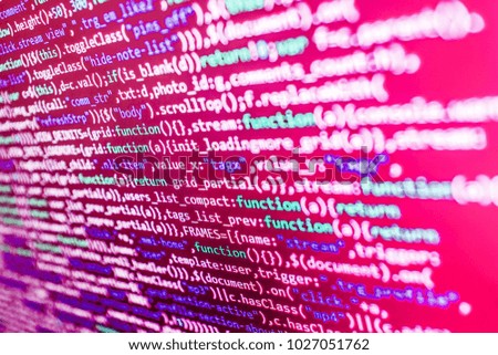 Vivid colors. Programming code abstract technology. Closeup of Java Script, CSS and HTML code. Screenshot with random parts of program code. Admin access to data source. 
