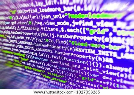 IT business company. Coding cyberspace concept. Vivid colors. Software source code. Javascript code in bracket software. Developer occupation work photo. Abstract technology background. 