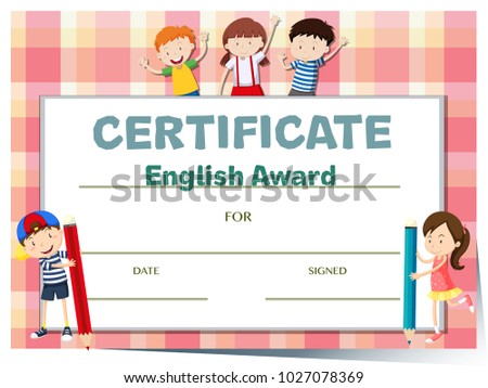 Certificate template for english award with many kids illustration