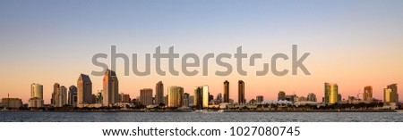 Wide angle image of San Diego Skyline at Sunset