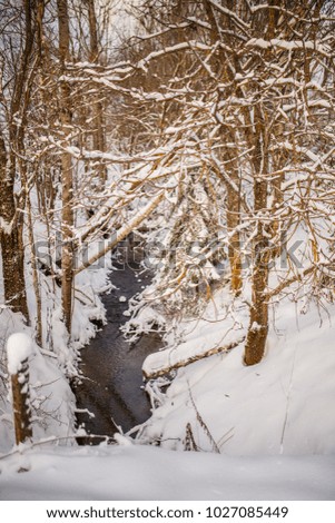 Photo of snowy landscape and river on winter day
