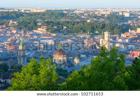Morning central part of Lviv City (Ukraine) panorama from "High Castle" Hill (in flank sun rays)