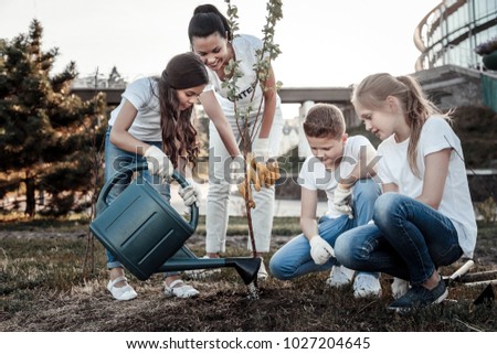 Green planet. Nice positive pleasant girl looking at the tree and watering it while caring about the environment Royalty-Free Stock Photo #1027204645