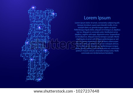 Map Portugal from printed board, chip and radio component with blue star space on the contour for banner, poster, greeting card, of vector illustration.