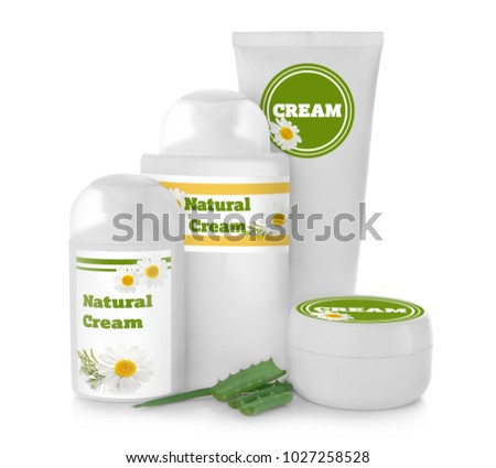 Body cream set with natural extracts on white background
