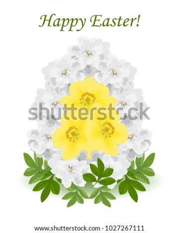 happy Easter.Festive egg is made of white flowers of achillea Ptarmica,egg yolk yellow potentilla fruticosa.The bouquet is decorated with green leaves of foliage.Isolated.White background.Spring