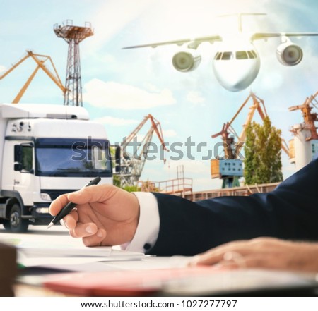 Logistic concept. Double exposure of businessman working with documents and different kinds of transport