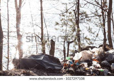 Garbage in the forest near the river