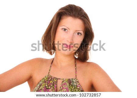 A picture of a young pretty woman smiling over white background