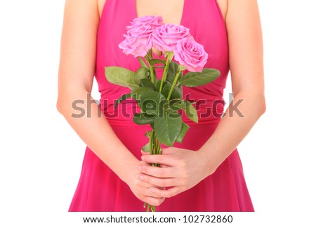 A picture of a woman with a bunch of pink roses over white background