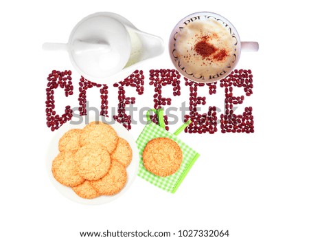 Cappuccino, melk and colorful  cookies isolated on white background2