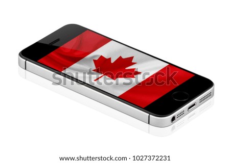 Black Mobile Phone or Smartphone with flag of Canada on screen, Mobile phone isolated on white background. 