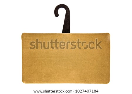 Empty sheet of golden yellow paper card , hanging on a plastic  hook. Isolated over white background.tag label with hanger