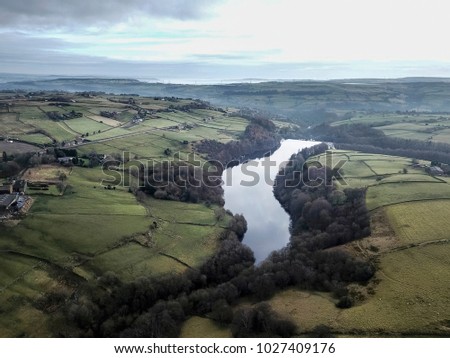 Aerial view of Ryburn Reservoir from Baitings Reservoir, Ripponden,  Calderdale, West Yorkshire, UK