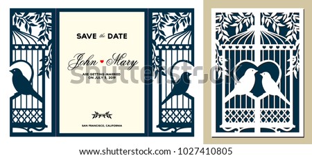 Laser cut template. Birdcage with birds in the foliage. Laser cutting tri-fold lace valentines card. Wedding invitation stationery. Save the date holder. Laser cuttable silhouette. Vector illustration Royalty-Free Stock Photo #1027410805