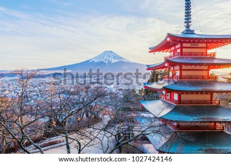 Sunset at Chureito Pagoda and Mt. Fuji in winter Fujiyoshida, Japan Royalty-Free Stock Photo #1027424146