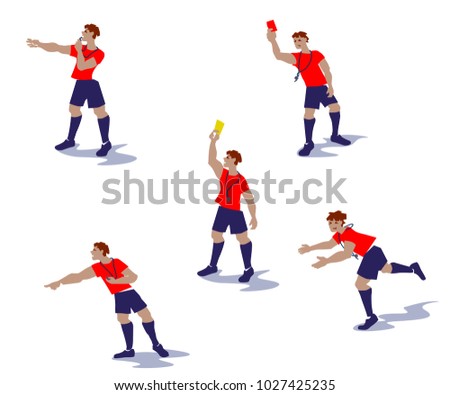 Soccer referees, football referees in actions. Flat design people characters. Vector illustration, clip art, cartoon.