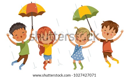 Boys and girls In the middle of rain showers, pleasant emotions together, welcoming the first rain of the rainy season, concept of fun moments in childhood, strong learning and growing of children.