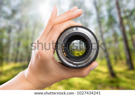 photography view camera photographer lens forest trees lense through video photo digital glass hand blurred focus people concept - stock image Royalty-Free Stock Photo #1027434241