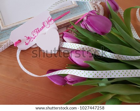 Purple tulips with thank you tag, vintage frame and heart