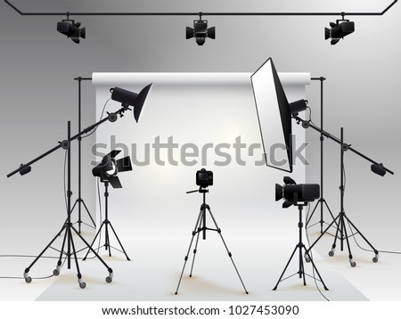 Photography studio vector. Photo studio white blank background with soft box light, camera, tripod and backdrop. Vector illustration. Isolated on white background Royalty-Free Stock Photo #1027453090