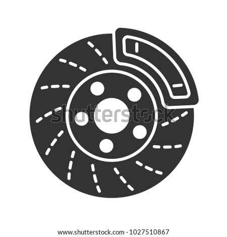 Disc brake with caliper glyph icon. Silhouette symbol. Negative space. Vector isolated illustration