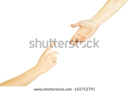 The man offers a hand to the woman on a white background