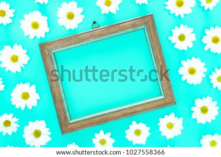 Spring floral frame on  blue cyan background with white daisies texture all around - Fresh flowers composition acuamarine color flat lay top view with copy space - Springtime and summer concept