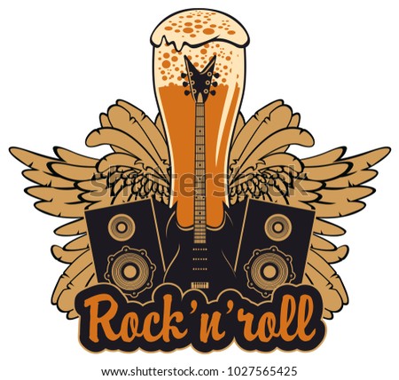 Vector banner for a rock pub with live music with an inscription and a picture of a full glass of beer, bull skull, acoustic guitars, wings and vinyl records in the fire