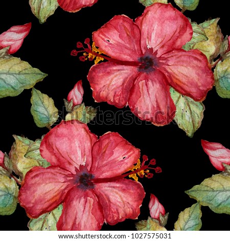 Elegant seamless pattern with watercolor hibiscus flowers, design elements. Floral tropical pattern for invitations, greeting cards, scrapbooking, print, gift wrap, manufacturing, textile.  Royalty-Free Stock Photo #1027575031