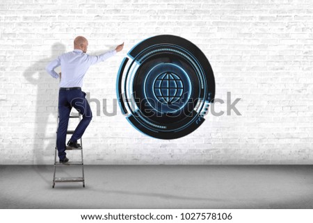 View of a Businessman in front of a wall with a Shinny technologic globe button - 3d render
