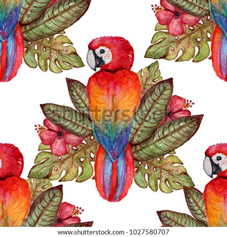 Elegant seamless pattern with watercolor parrots, design elements. Floral tropical pattern for invitations, greeting cards, scrapbooking, print, gift wrap, manufacturing, textile.  Royalty-Free Stock Photo #1027580707